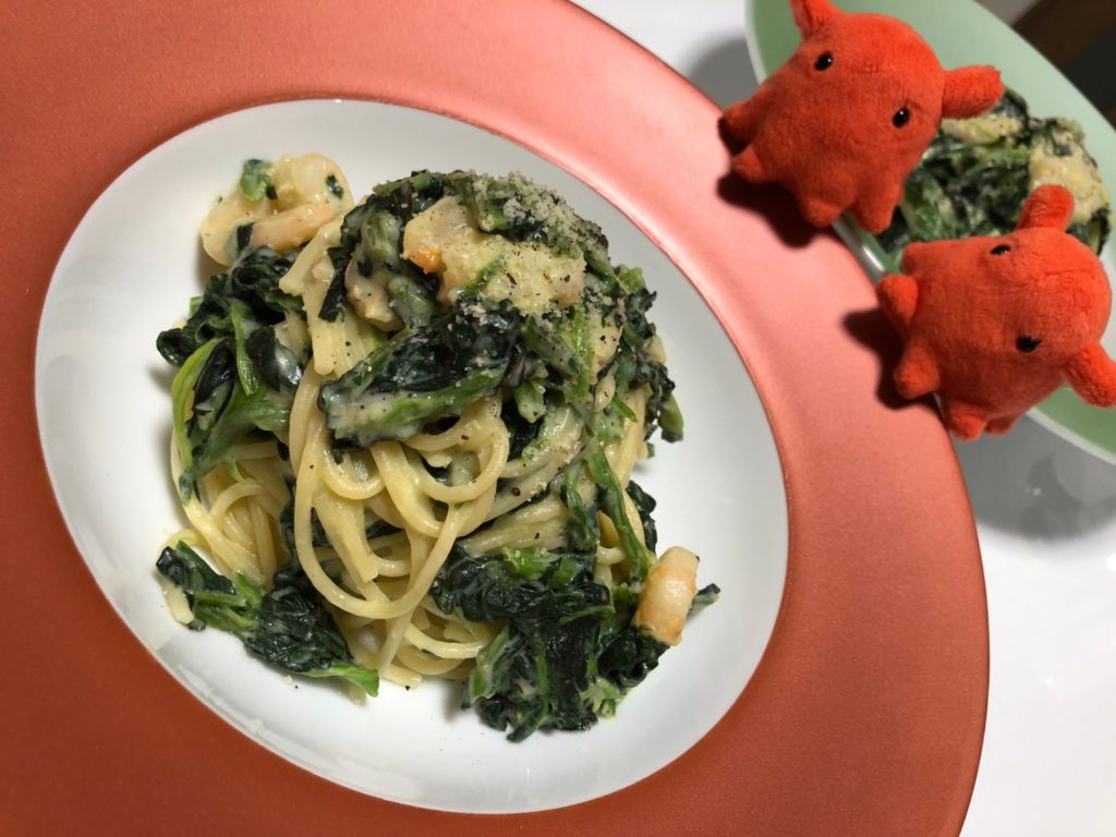 ほうれん草とエビの豆乳クリームパスタ 筋トレ ダイエットレシピ やる気 たこべいブログ